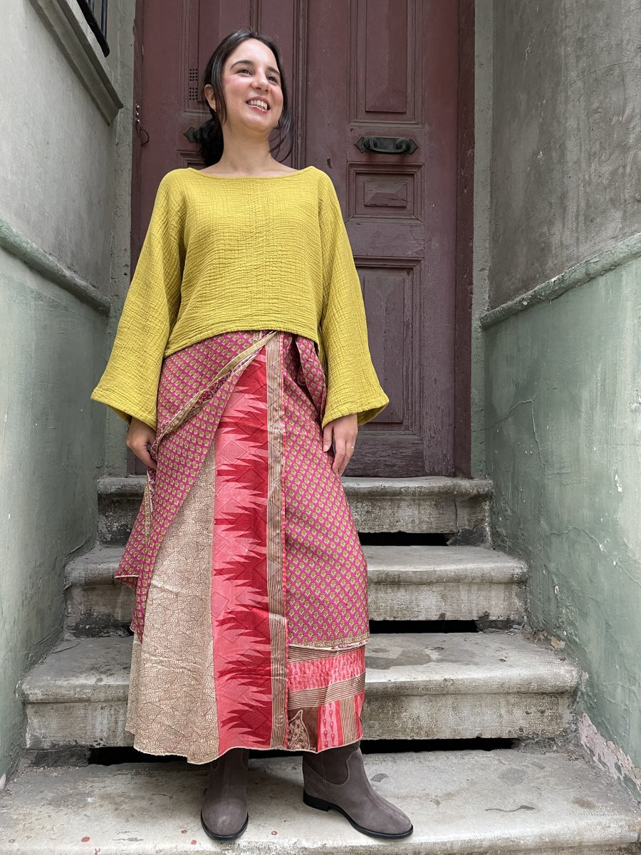 Bohem Nepal Bordo Desenli Bağlamalı İpek Etek