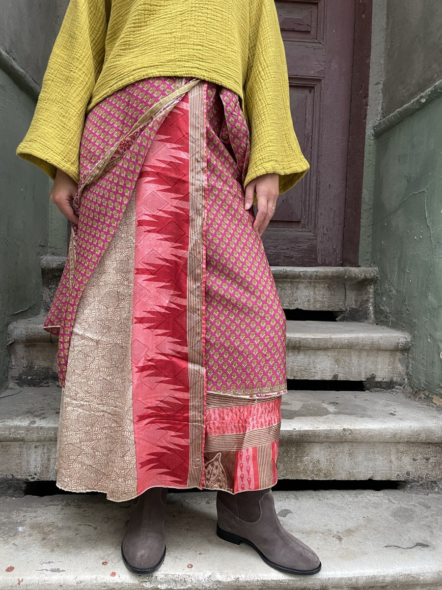 Bohem Nepal Bordo Desenli Bağlamalı İpek Etek