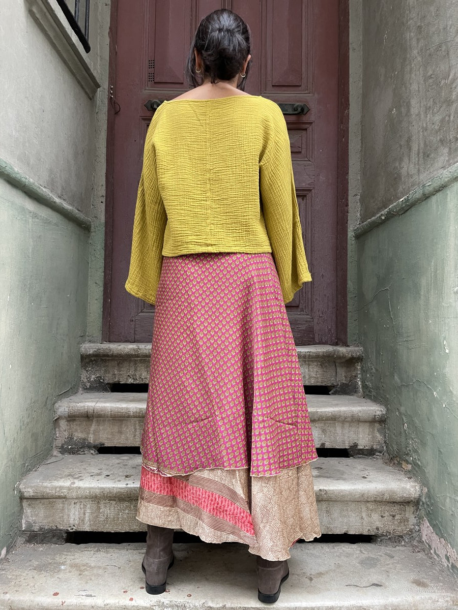 Bohem Nepal Bordo Desenli Bağlamalı İpek Etek