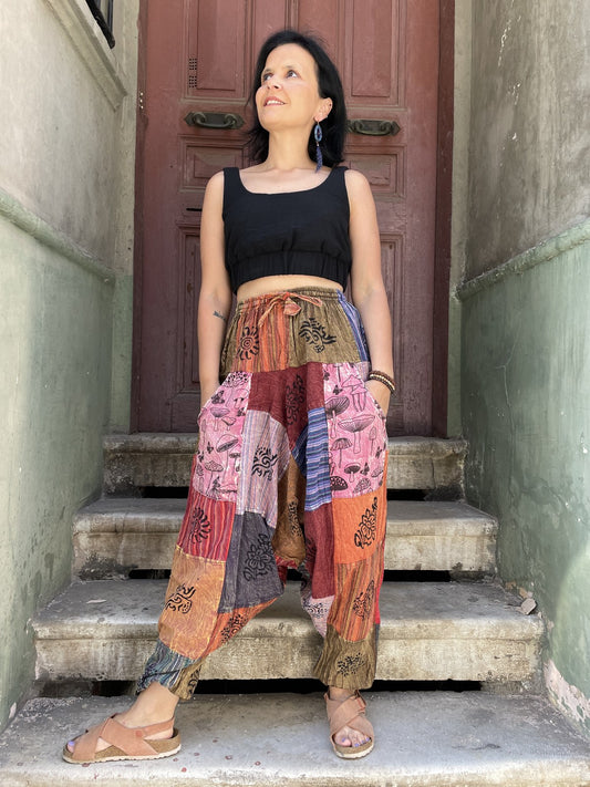 Unisex Nepal Patchwork Mantar Pembe Kadın Pantolon Şalvar