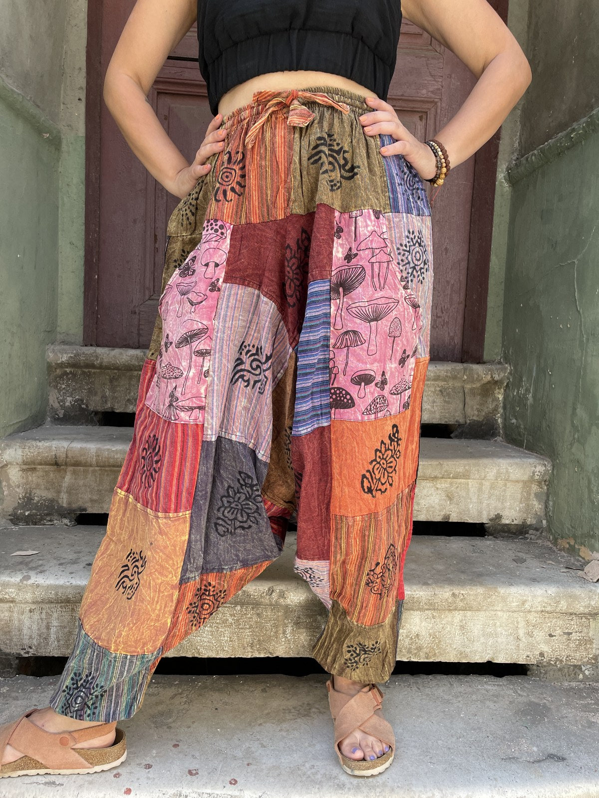 Unisex Nepal Patchwork Mantar Pembe Kadın Pantolon Şalvar