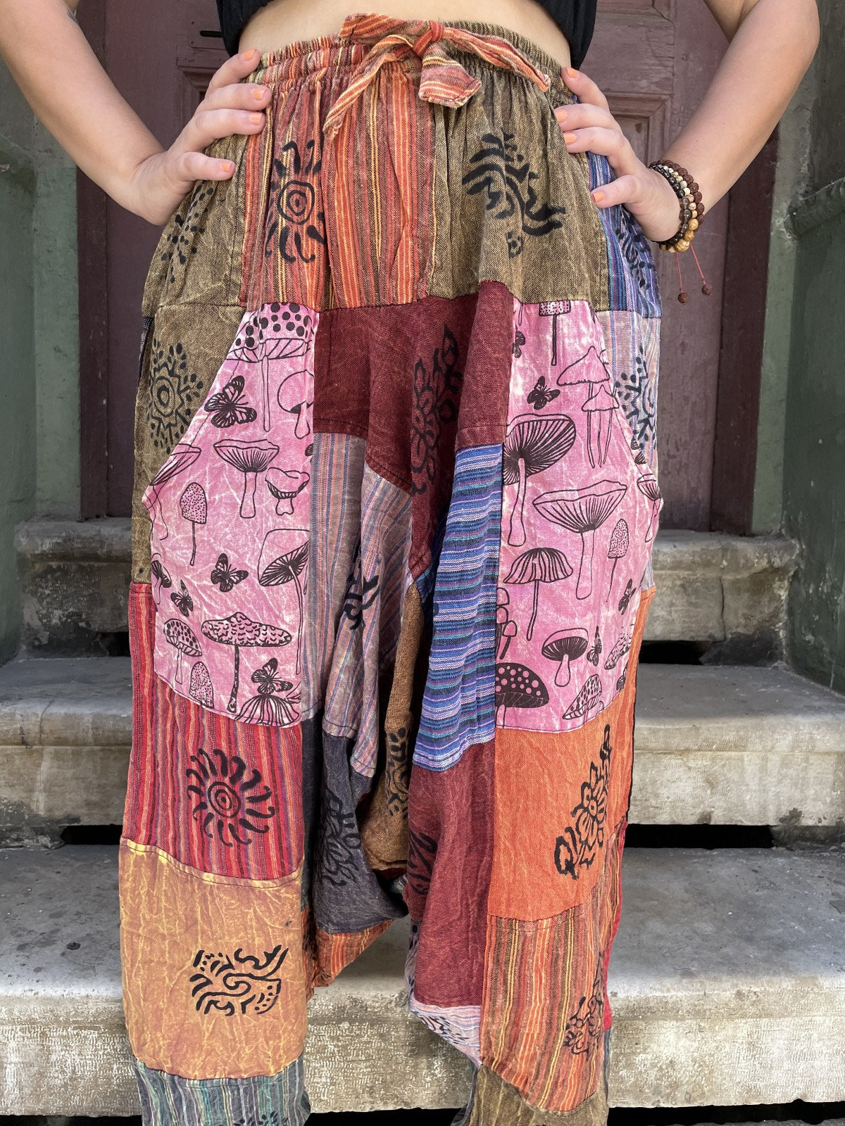 Unisex Nepal Patchwork Mantar Pembe Kadın Pantolon Şalvar