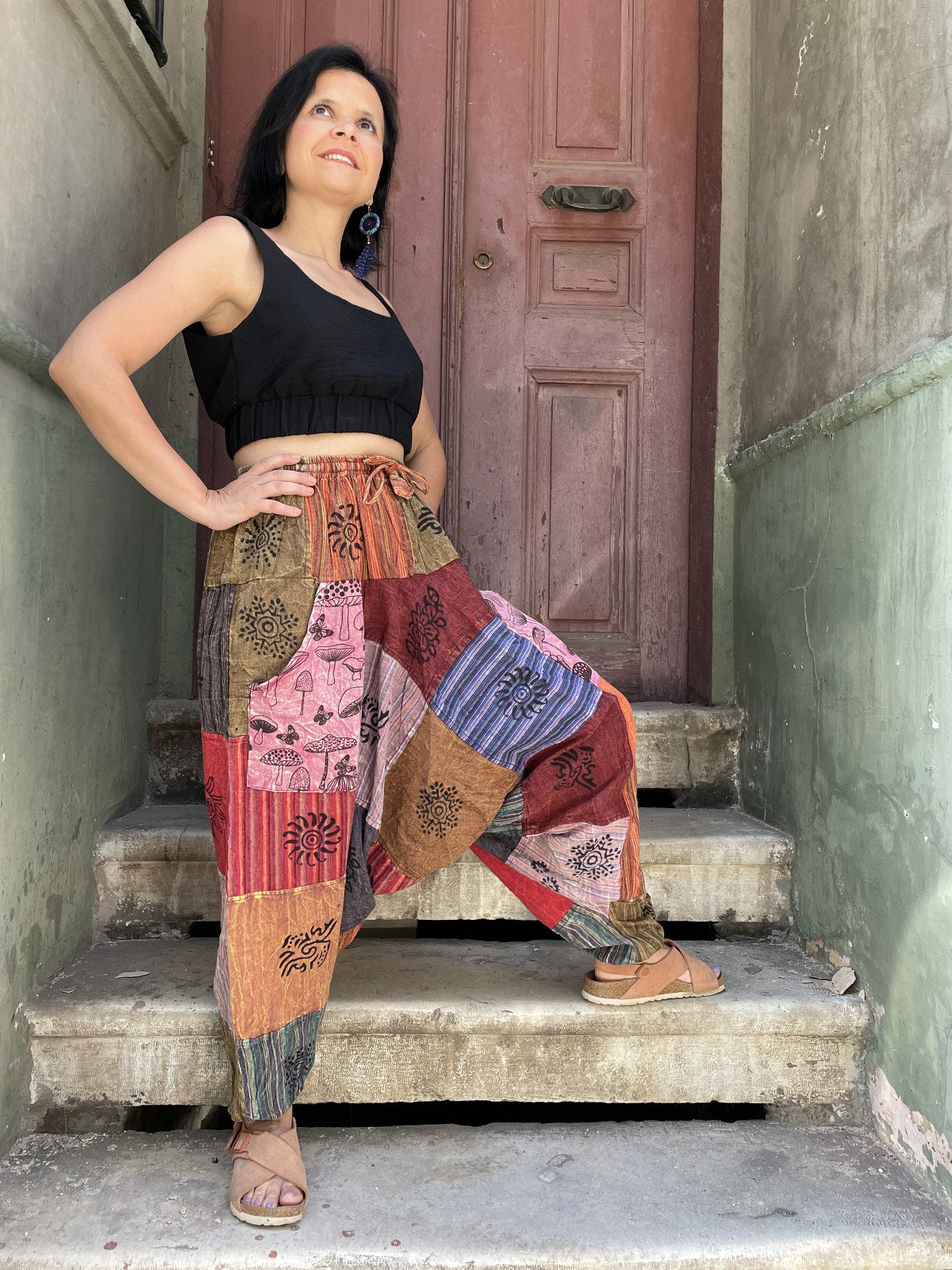 Unisex Nepal Patchwork Mantar Pembe Kadın Pantolon Şalvar