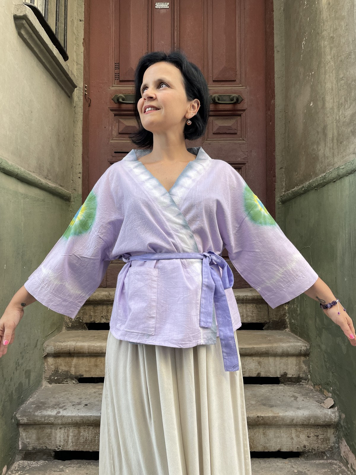 Bohem Mor Yeşil Göz Batik Kimono - Doğal Kumaş Kadın Kimono