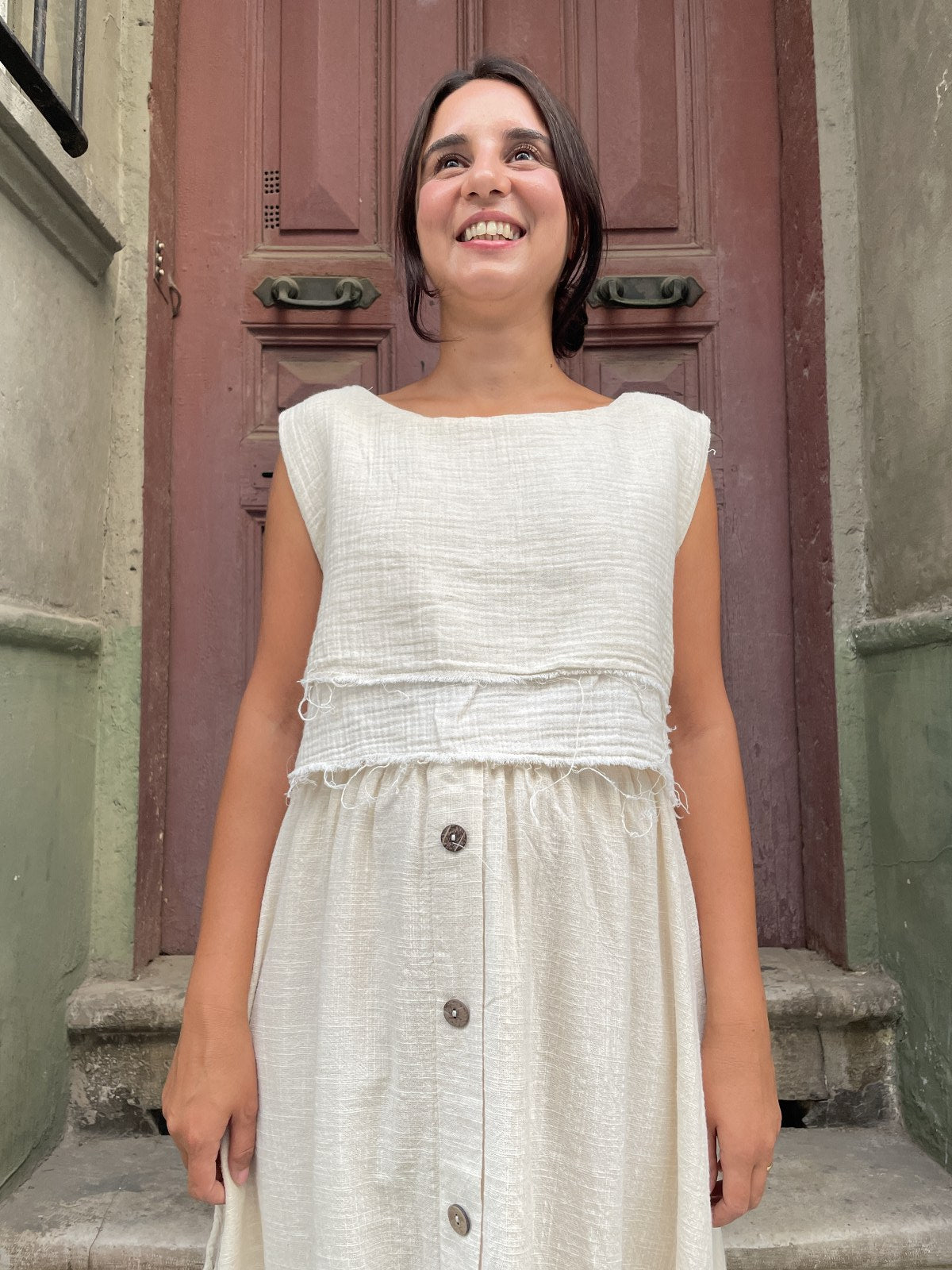Bohem Müslin Kolsuz Crop Bluz