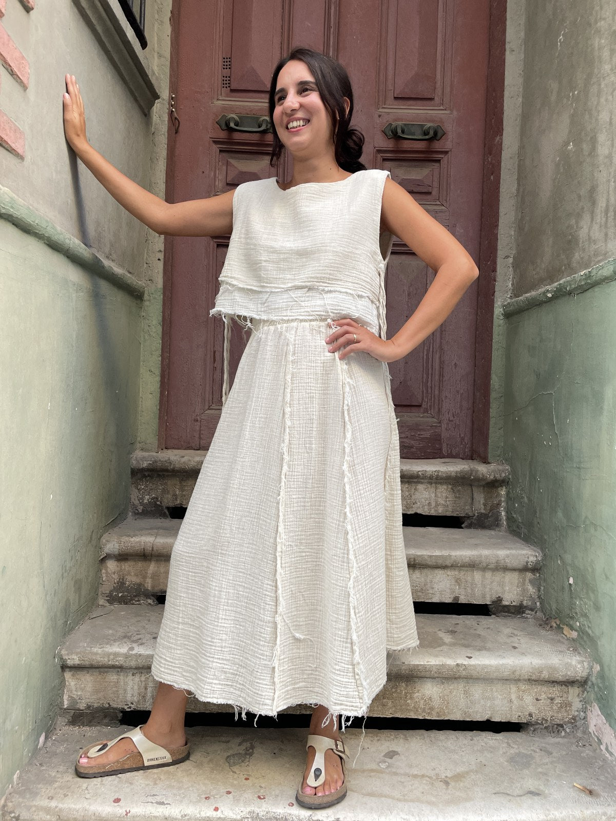 Bohem Müslin Kolsuz Crop Bluz