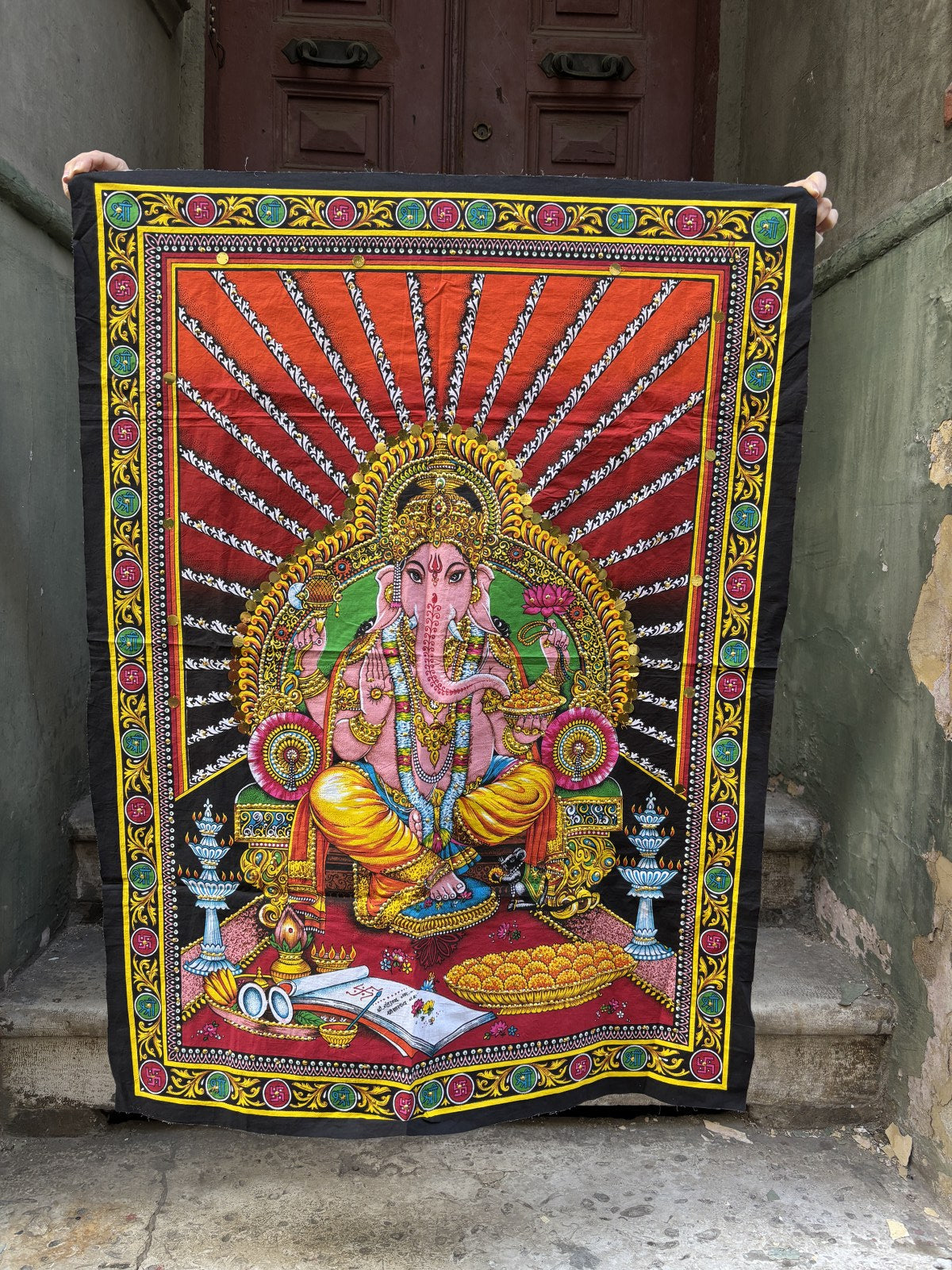 Nepal El Yapımı Ganesha ve Fil Desenli Duvar Örtüsü, Duvar Süsü - Bohem Tarz Dekorasyon