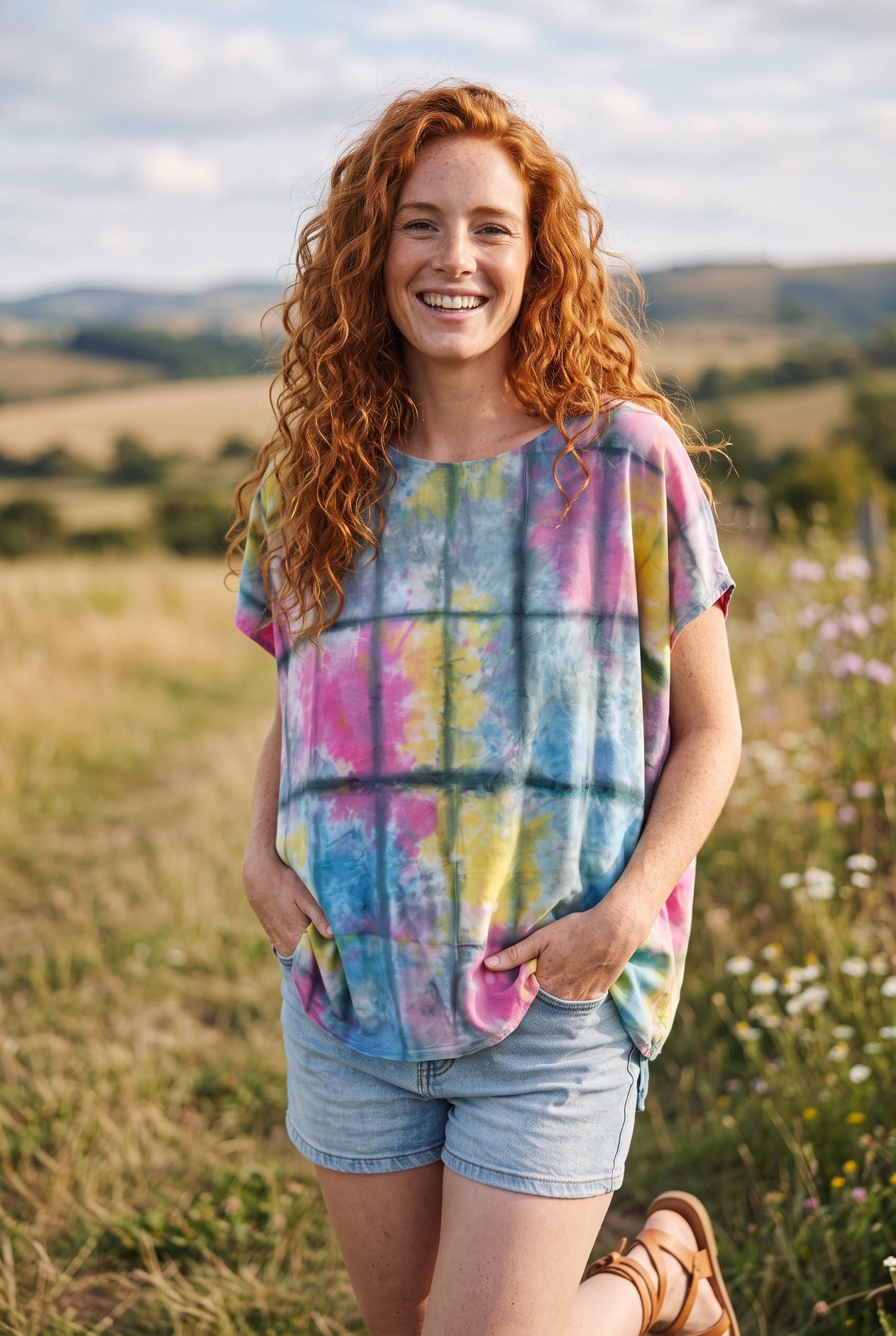Renkli Efekt Batik Kadın Bluz  – Oversize Rahat Kesim – El Boyama Desenli