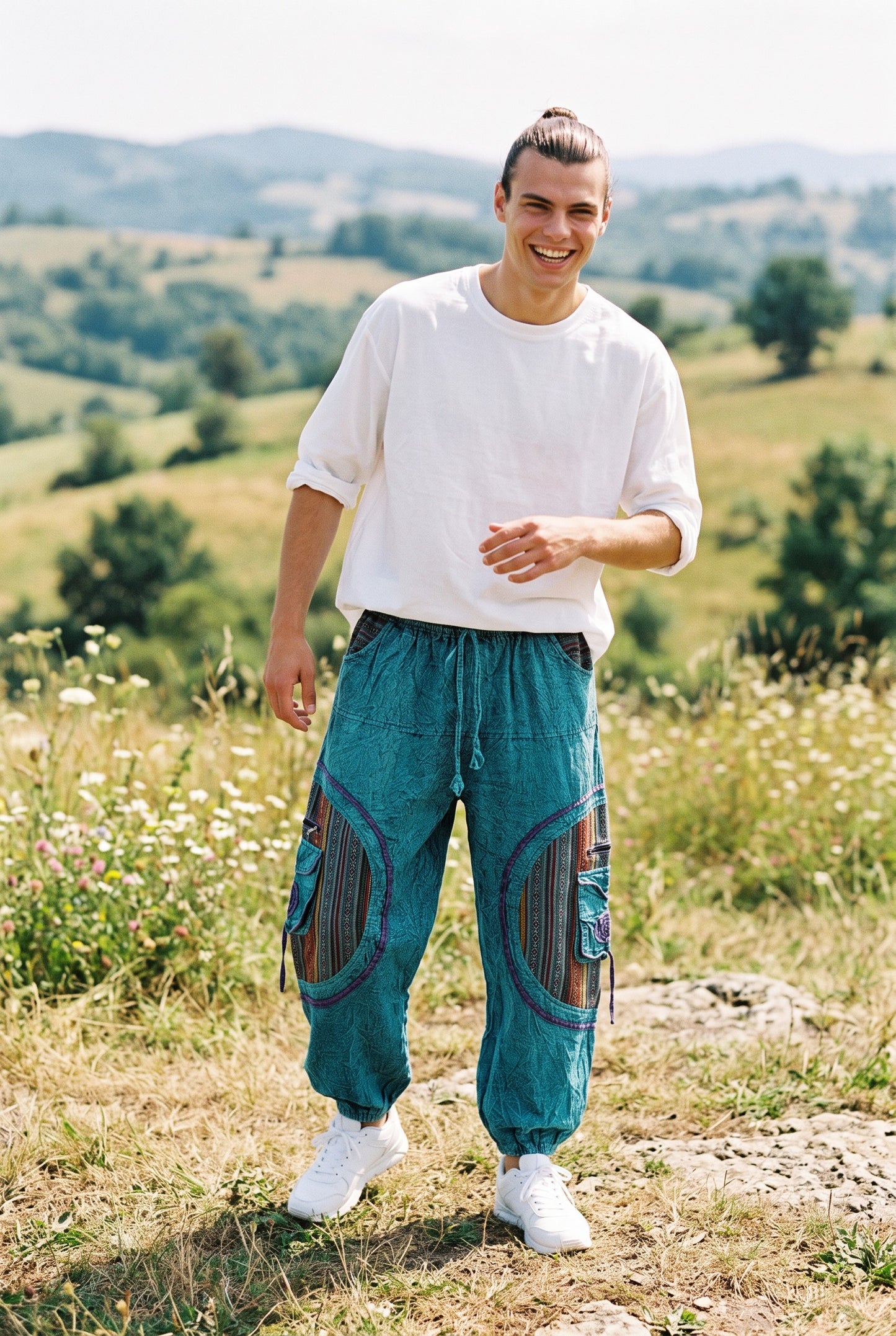 Mavi Nepal Patchwork Şalvar Pantolon – Mevsimlik / Kışlık, Bol Cepli, Salaş Tasarım