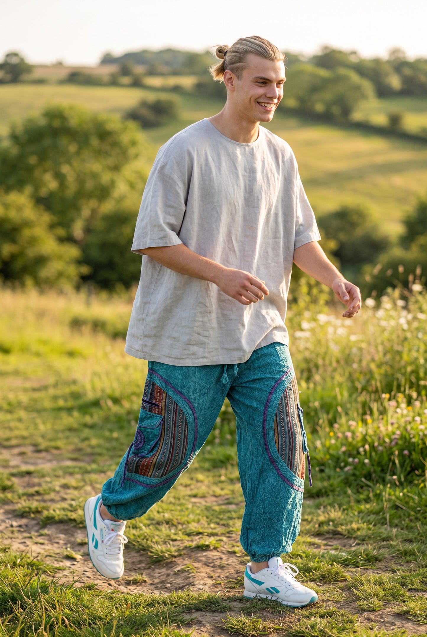 Mavi Nepal Patchwork Şalvar Pantolon – Mevsimlik / Kışlık, Bol Cepli, Salaş Tasarım