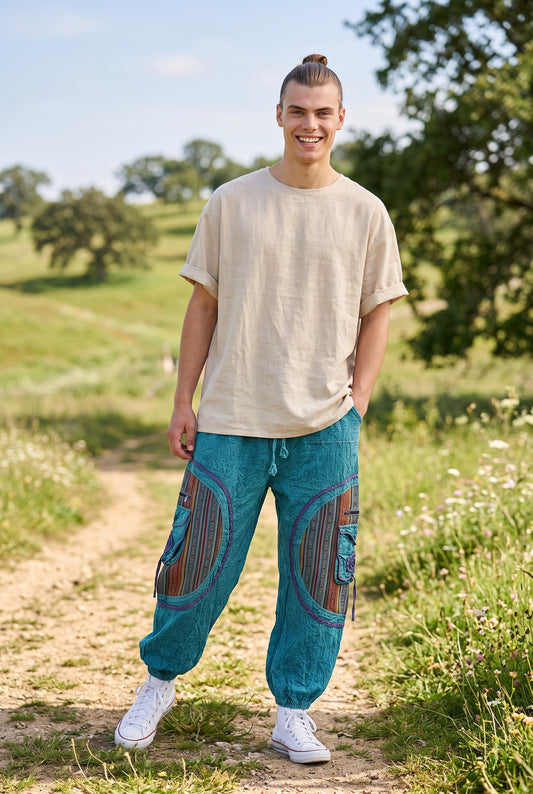 Mavi Nepal Patchwork Şalvar Pantolon – Mevsimlik / Kışlık, Bol Cepli, Salaş Tasarım