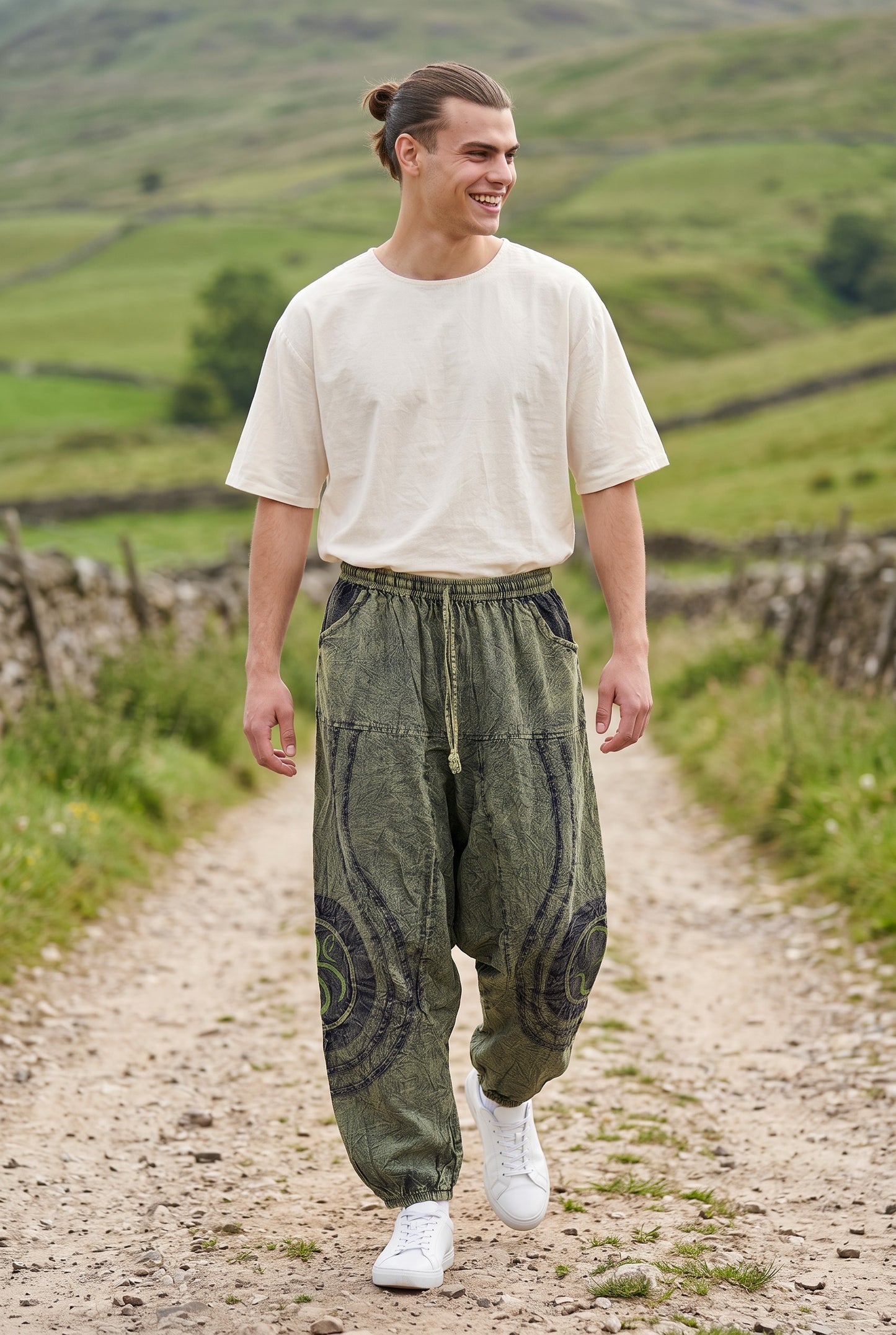 Unisex Bohem Nepal Şalvar Pantolon – Aum Desenli , Haki