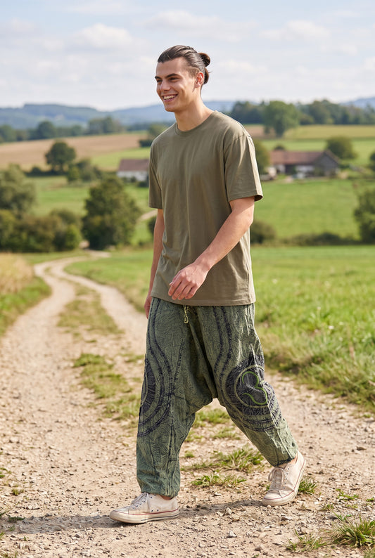 Unisex Bohem Nepal Şalvar Pantolon – Aum Desenli , Haki