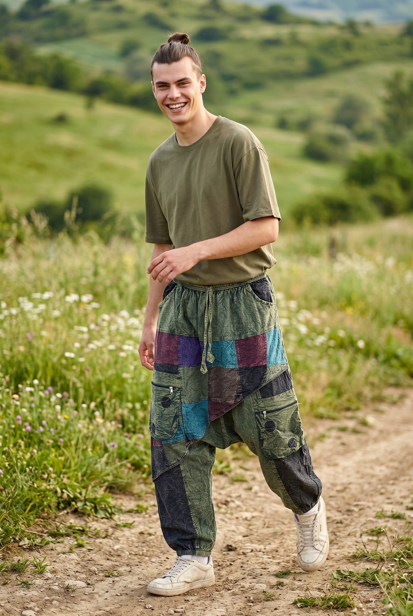 Haki Nepal Patchwork Şalvar Pantolon – Mevsimlik / Kışlık, Bol Cepli, Salaş Tasarım