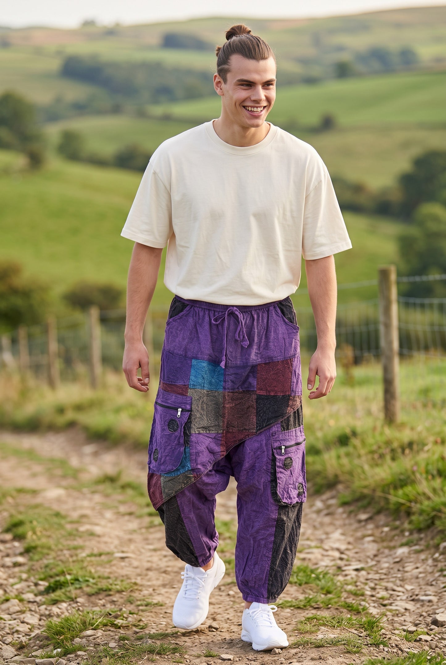 Mor Nepal Patchwork Şalvar Pantolon – Mevsimlik / Kışlık, Bol Cepli, Salaş Tasarım