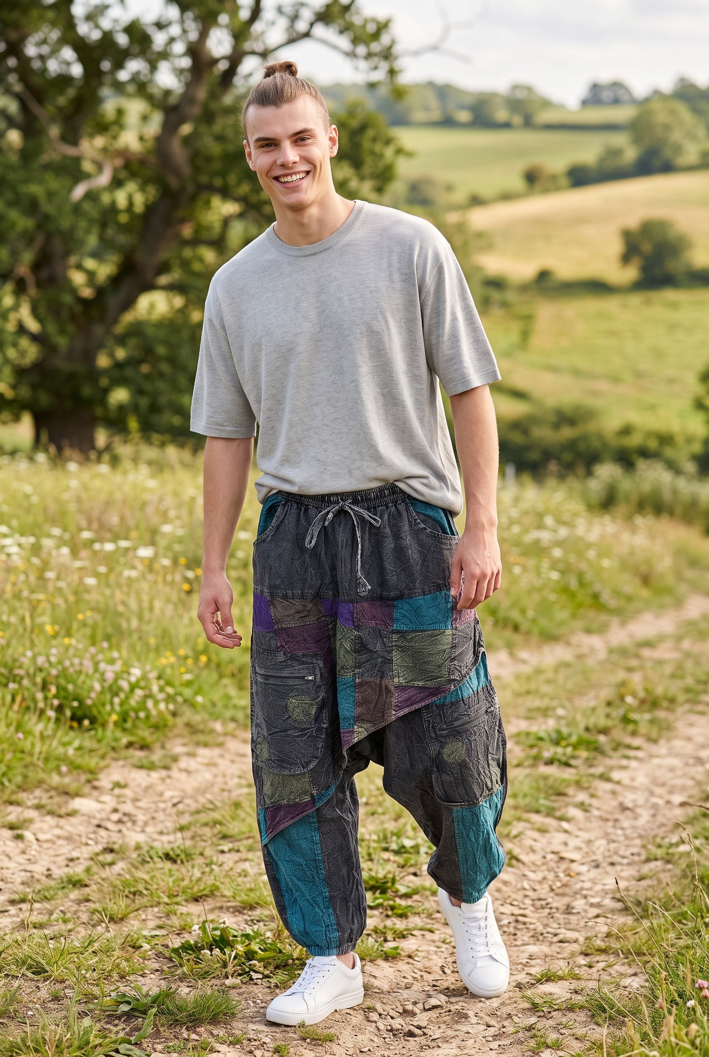 Unisex Antrasit Nepal Patchwork Şalvar Pantolon – Mevsimlik / Kışlık, Bol Cepli, Salaş Tasarım