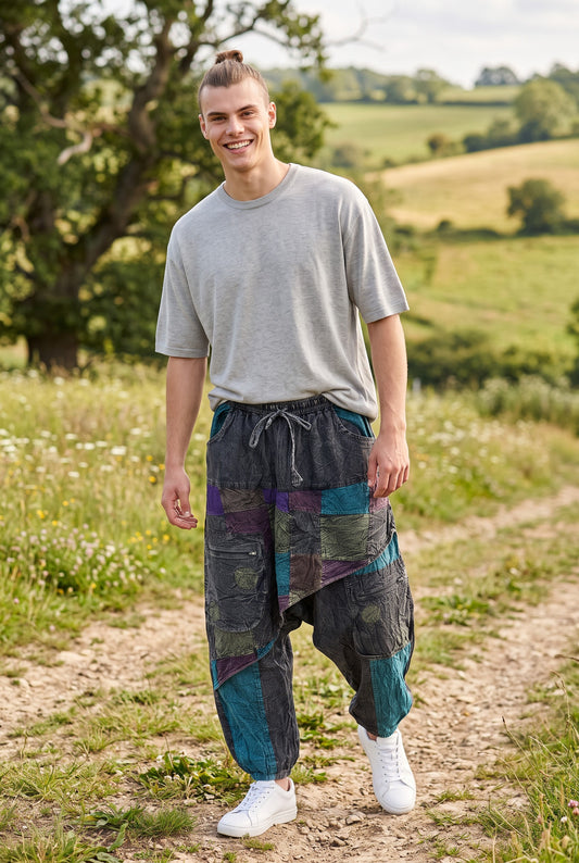 Unisex Antrasit Nepal Patchwork Şalvar Pantolon – Mevsimlik / Kışlık, Bol Cepli, Salaş Tasarım