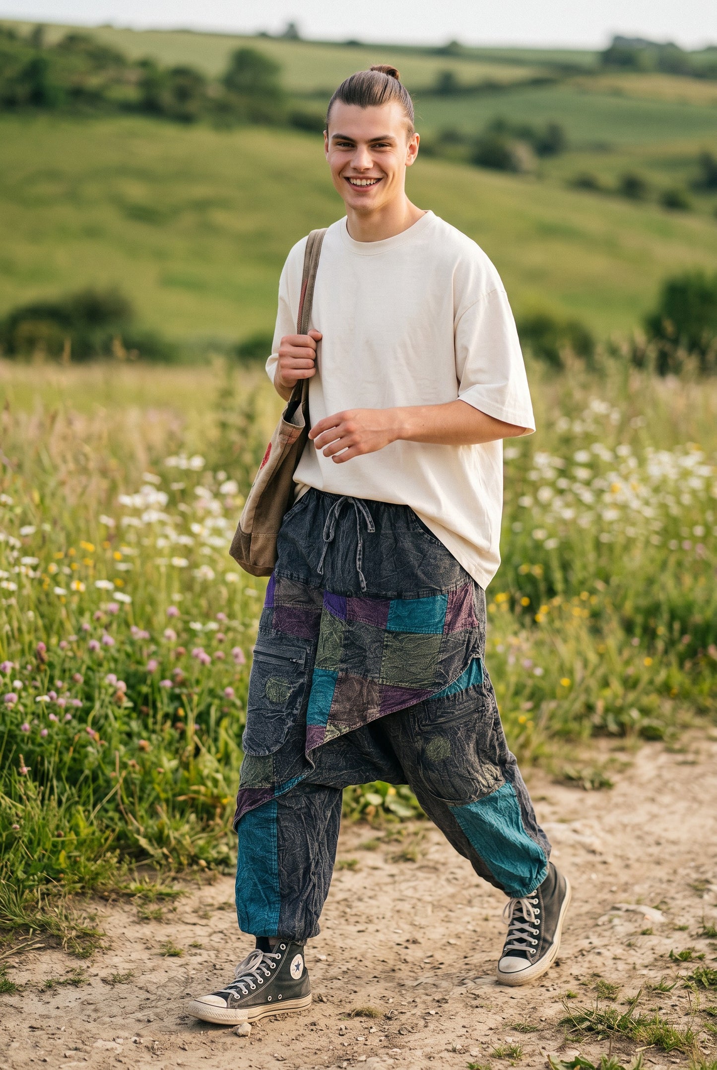 Unisex Antrasit Nepal Patchwork Şalvar Pantolon – Mevsimlik / Kışlık, Bol Cepli, Salaş Tasarım
