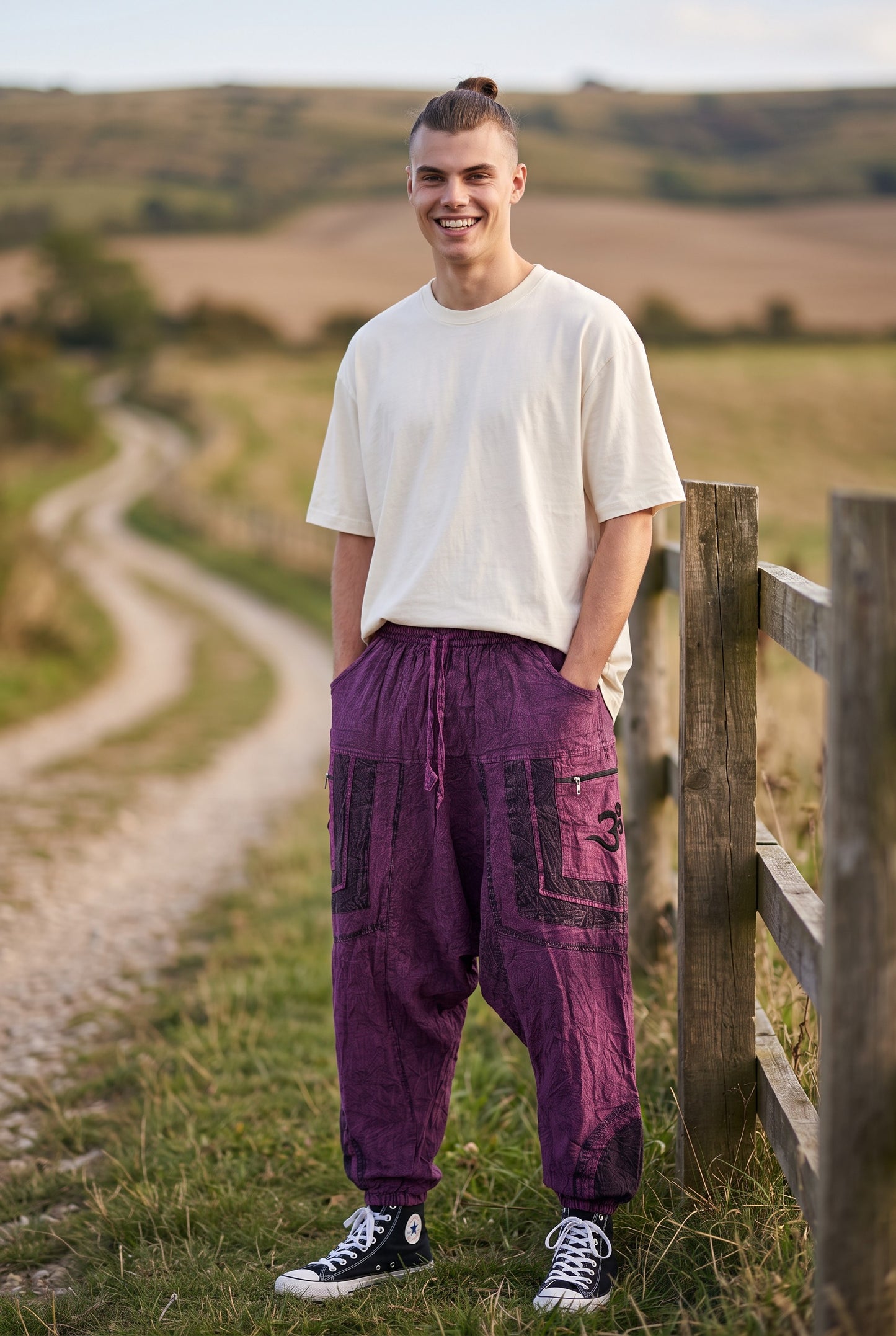 Unisex Bohem Nepal Şalvar Pantolon – Aum Desenli , Bordo