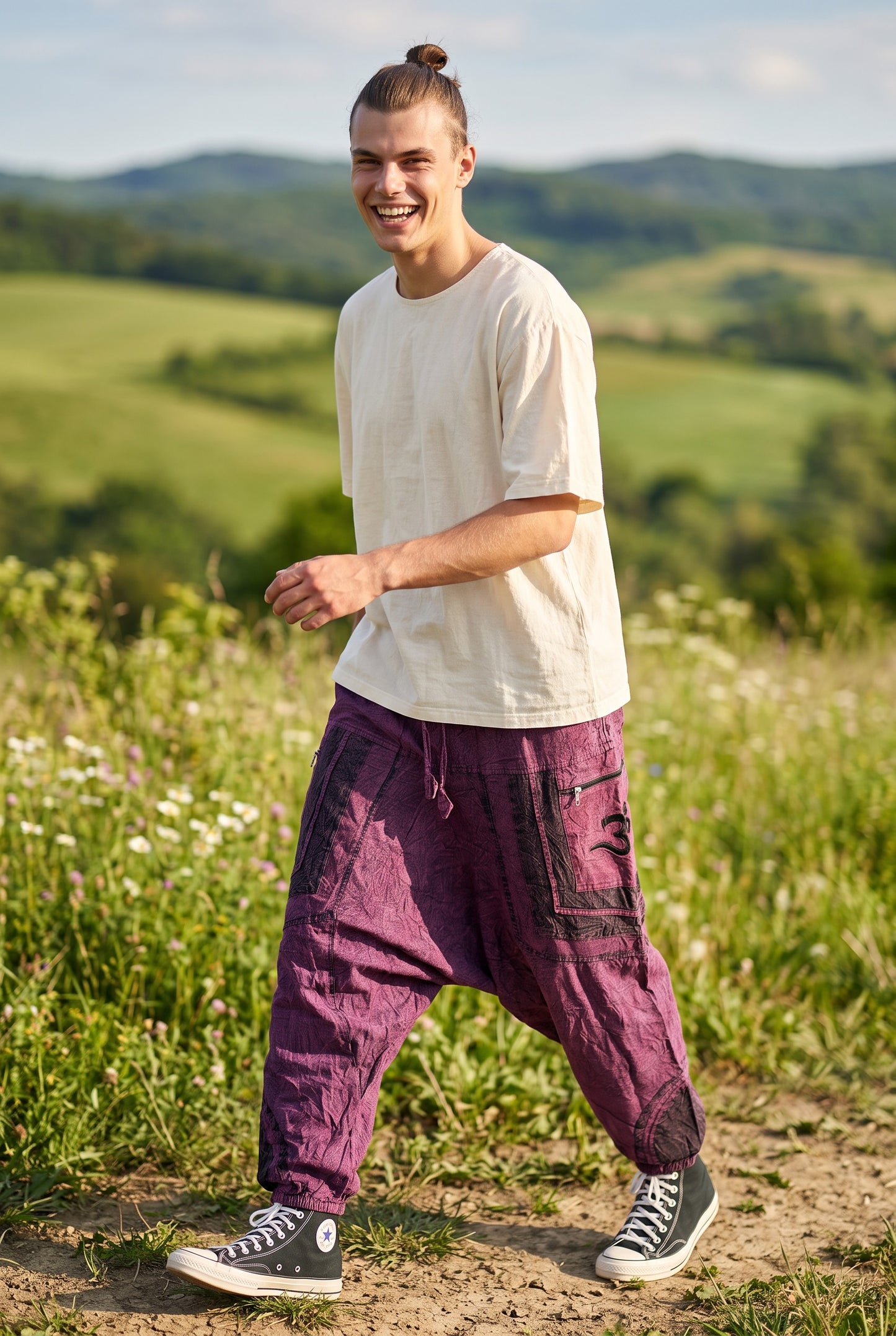 Unisex Bohem Nepal Şalvar Pantolon – Aum Desenli , Bordo