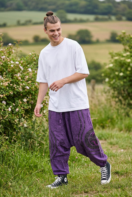 Unisex Bohem Nepal Şalvar Pantolon – Taşlanmış Kumaş, Aum Desenli