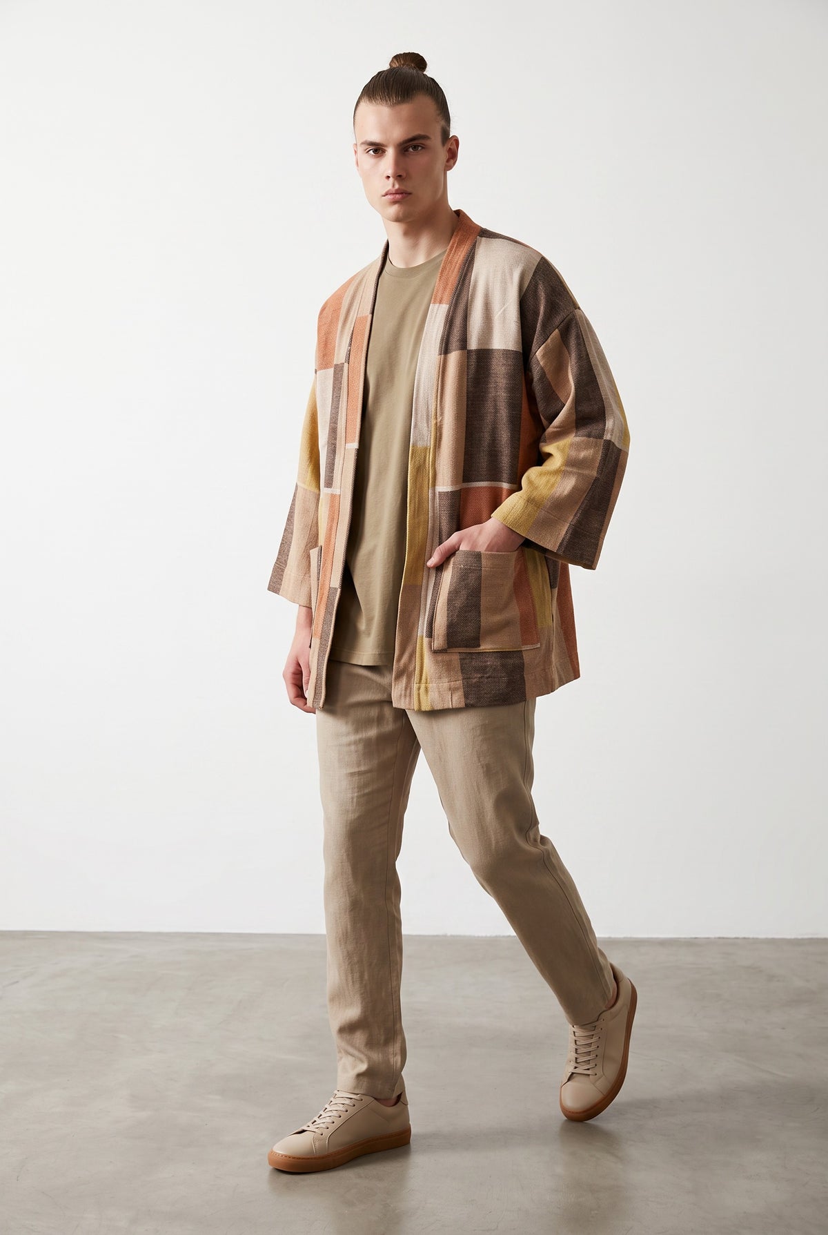 Terra Desenli Erkek Kimono – Dokulu Pamuklu Kumaş, Rahat Kesim