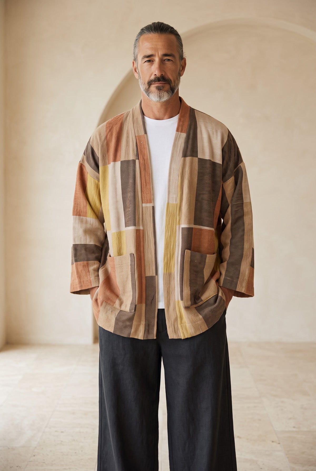 Terra Desenli Erkek Kimono – Dokulu Pamuklu Kumaş, Rahat Kesim