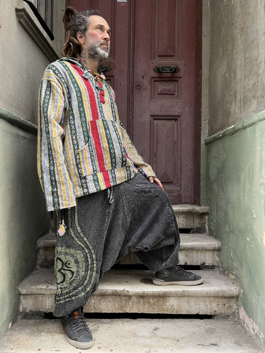 Unisex Bohem Nepal Şalvar Pantolon – Aum Desenli , Antrasit