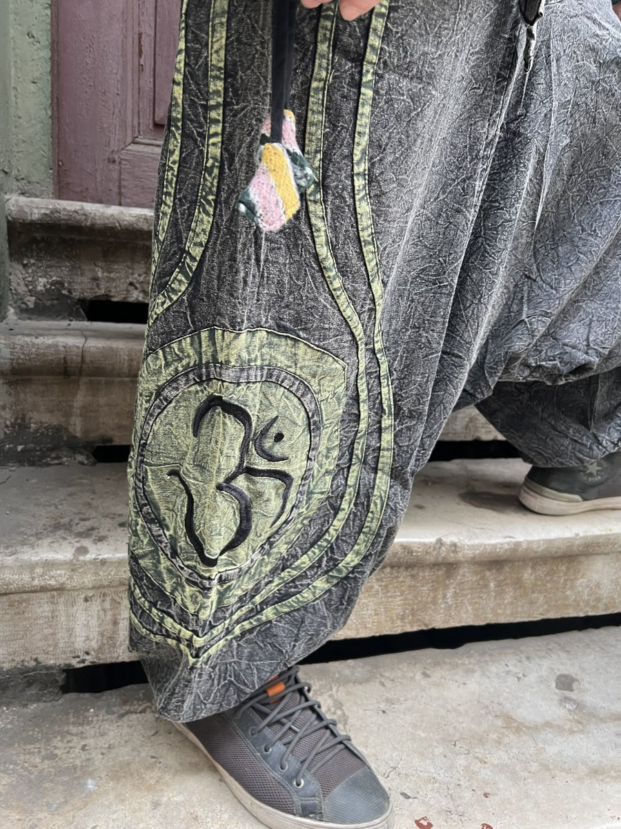 Unisex Bohem Nepal Şalvar Pantolon – Aum Desenli , Antrasit