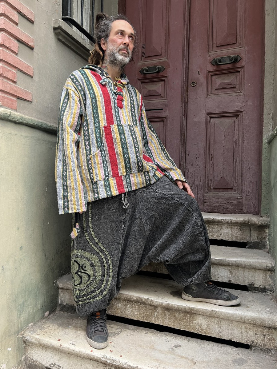 Unisex Bohem Nepal Şalvar Pantolon – Aum Desenli , Antrasit