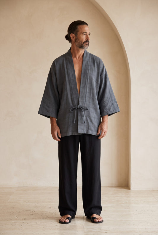 Kaito Antrasit Erkek Kimono – Dokulu Pamuklu Kumaş, Rahat Kesim
