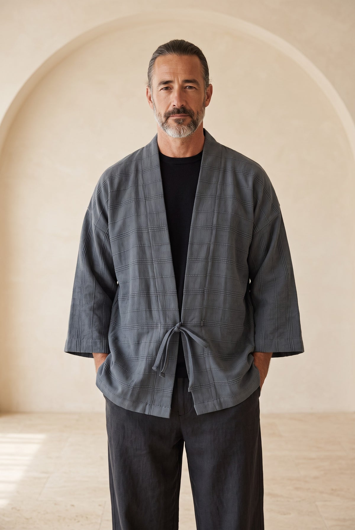 Kaito Antrasit Erkek Kimono – Dokulu Pamuklu Kumaş, Rahat Kesim
