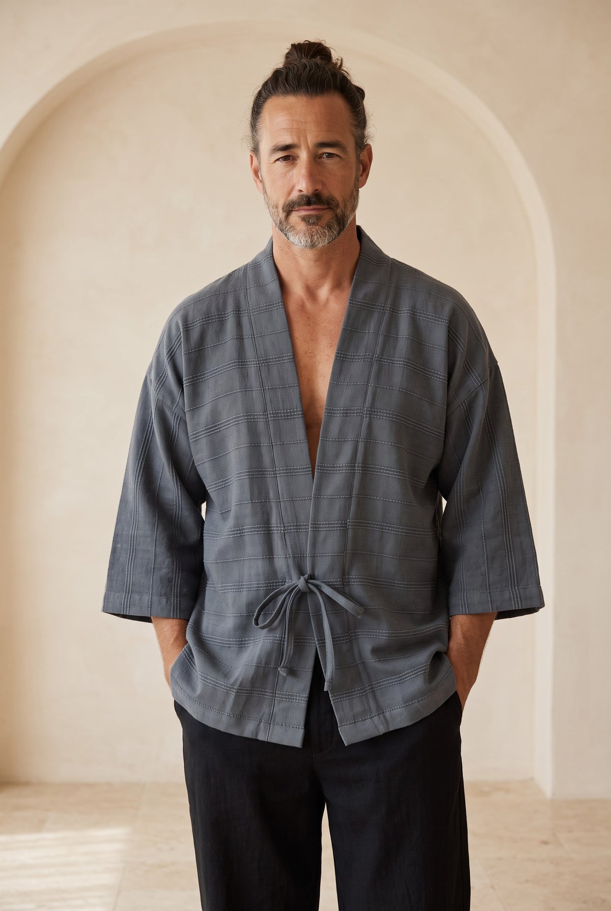 Kaito Antrasit Erkek Kimono – Dokulu Pamuklu Kumaş, Rahat Kesim