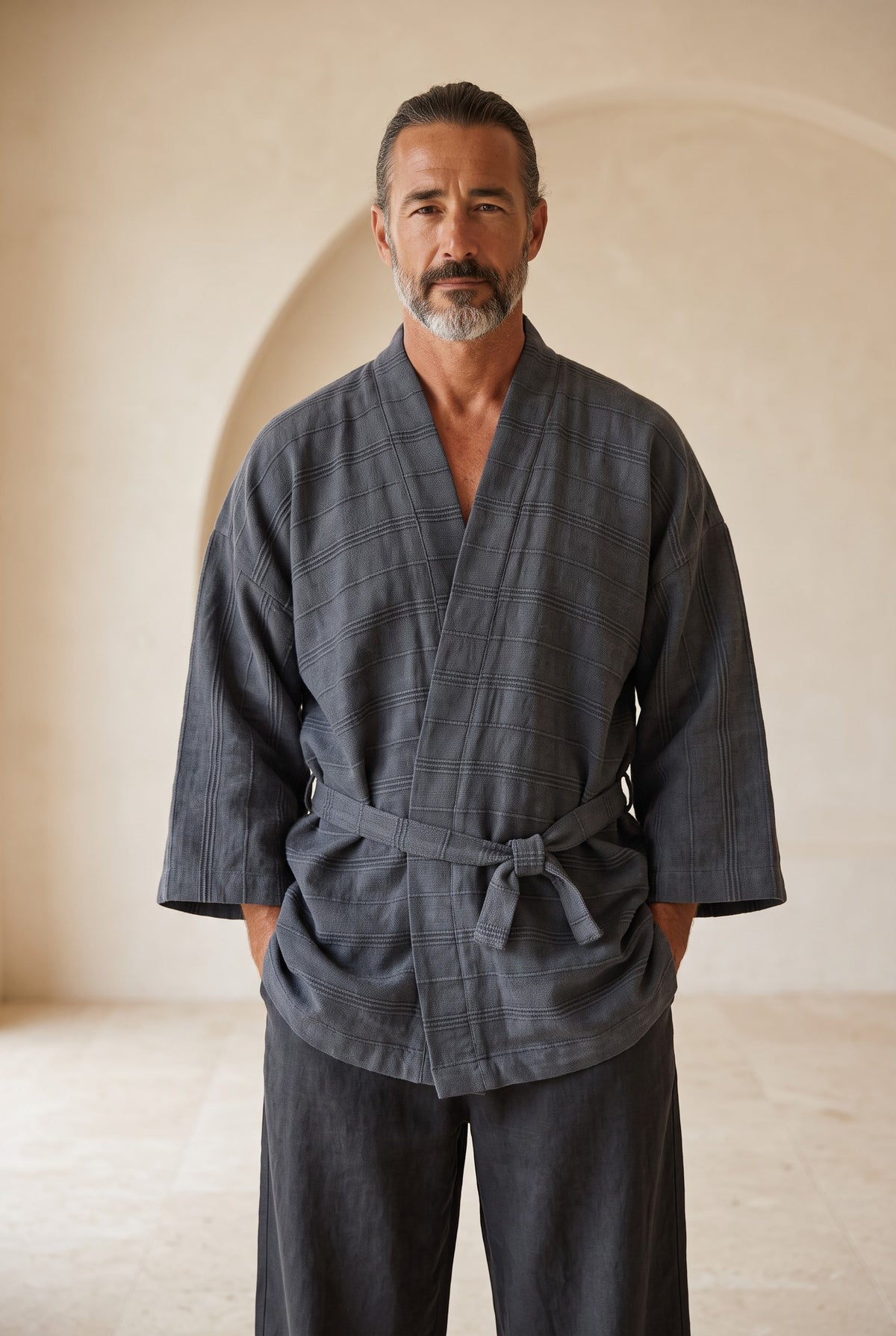 Ronin Antrasit Erkek Kimono – Dokulu Pamuklu Kumaş, Rahat Kesim