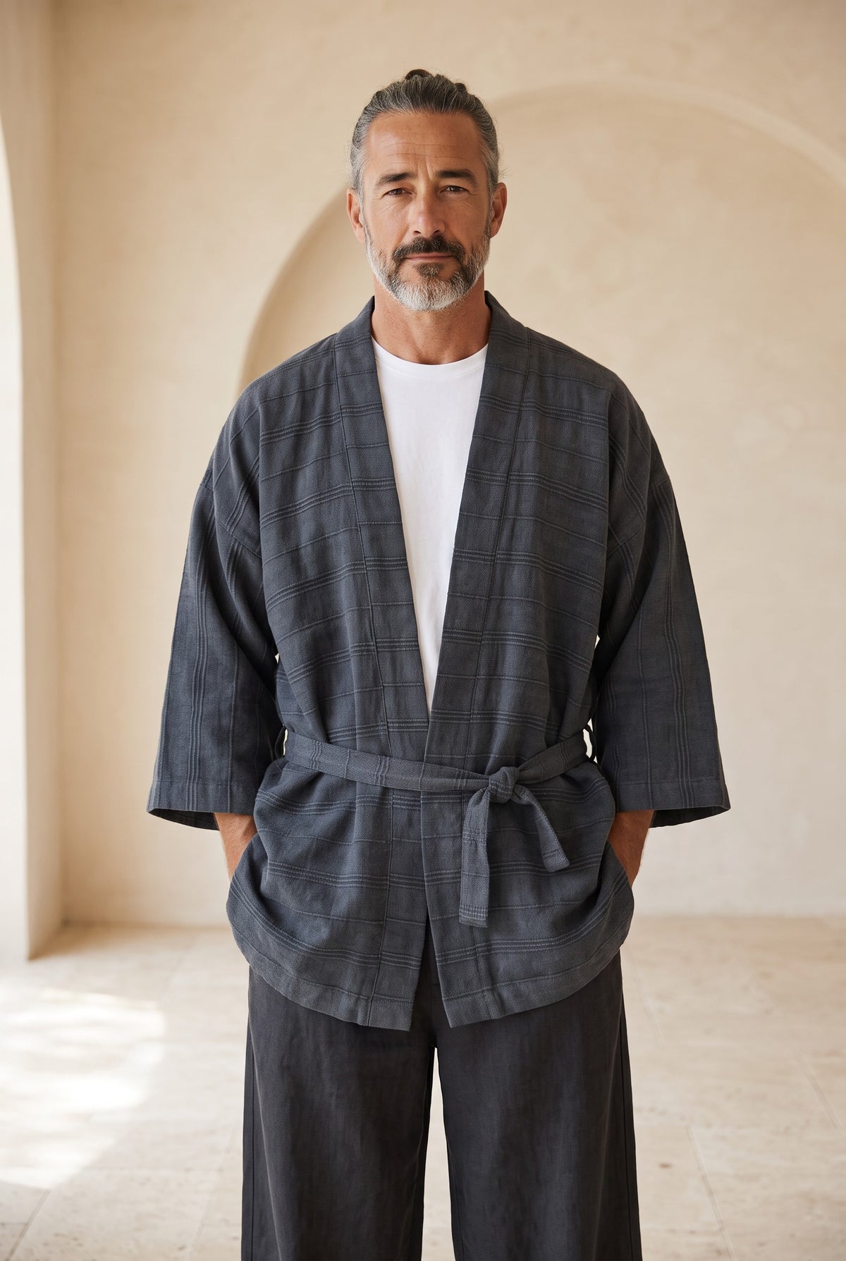 Ronin Antrasit Erkek Kimono – Dokulu Pamuklu Kumaş, Rahat Kesim