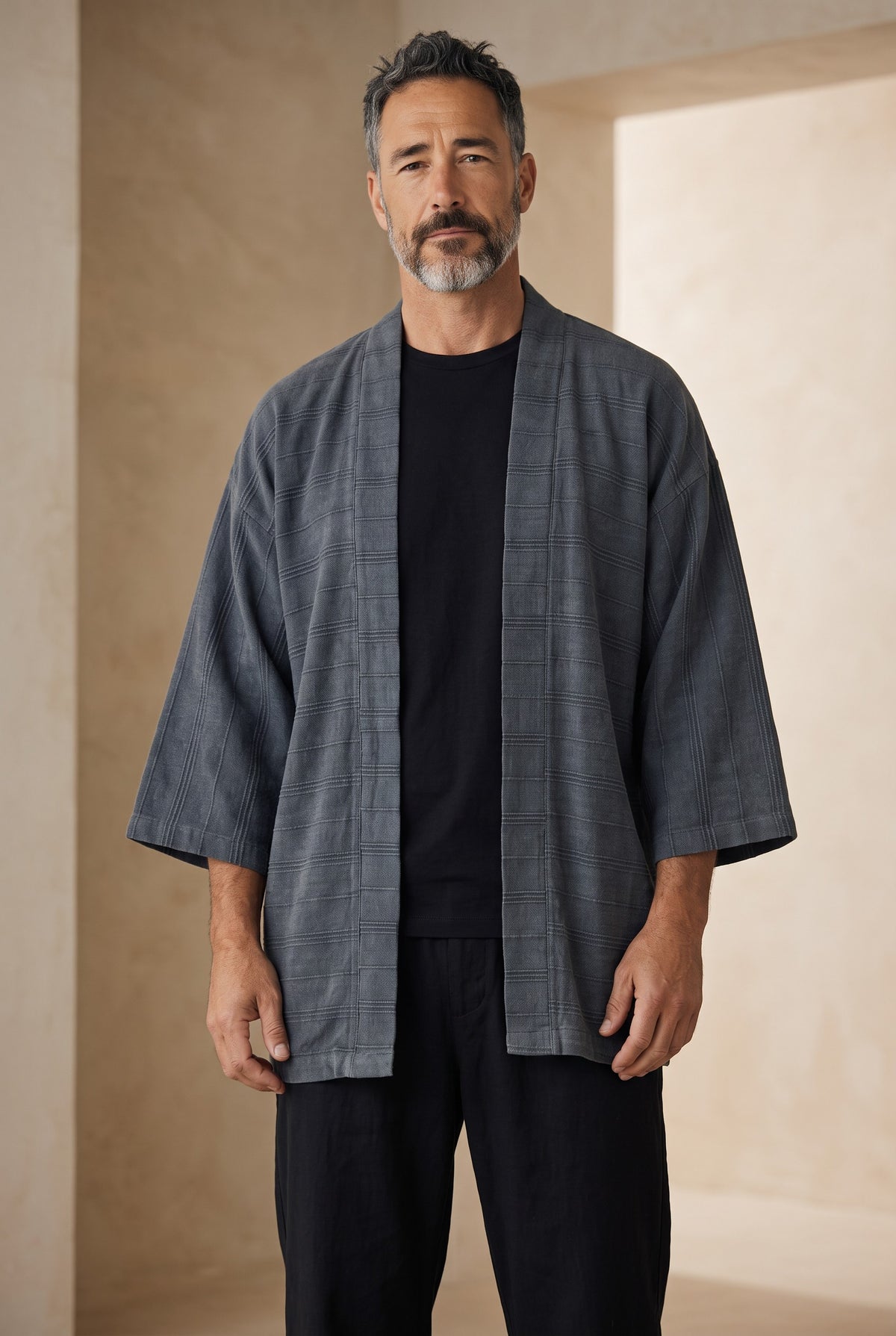 Ronin Antrasit Erkek Kimono – Dokulu Pamuklu Kumaş, Rahat Kesim