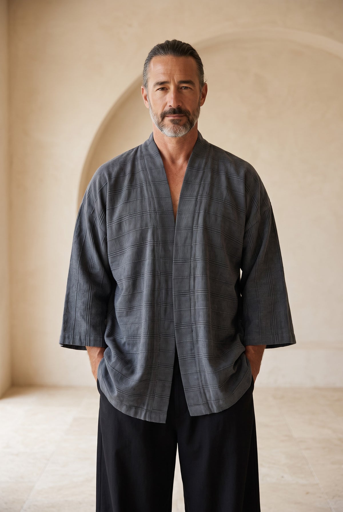 Ronin Antrasit Erkek Kimono – Dokulu Pamuklu Kumaş, Rahat Kesim
