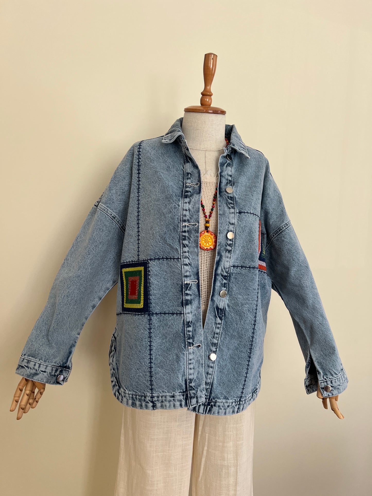 Patchwork Nakış Detaylı Kadın Boho Jean Ceket Mont – Oversize