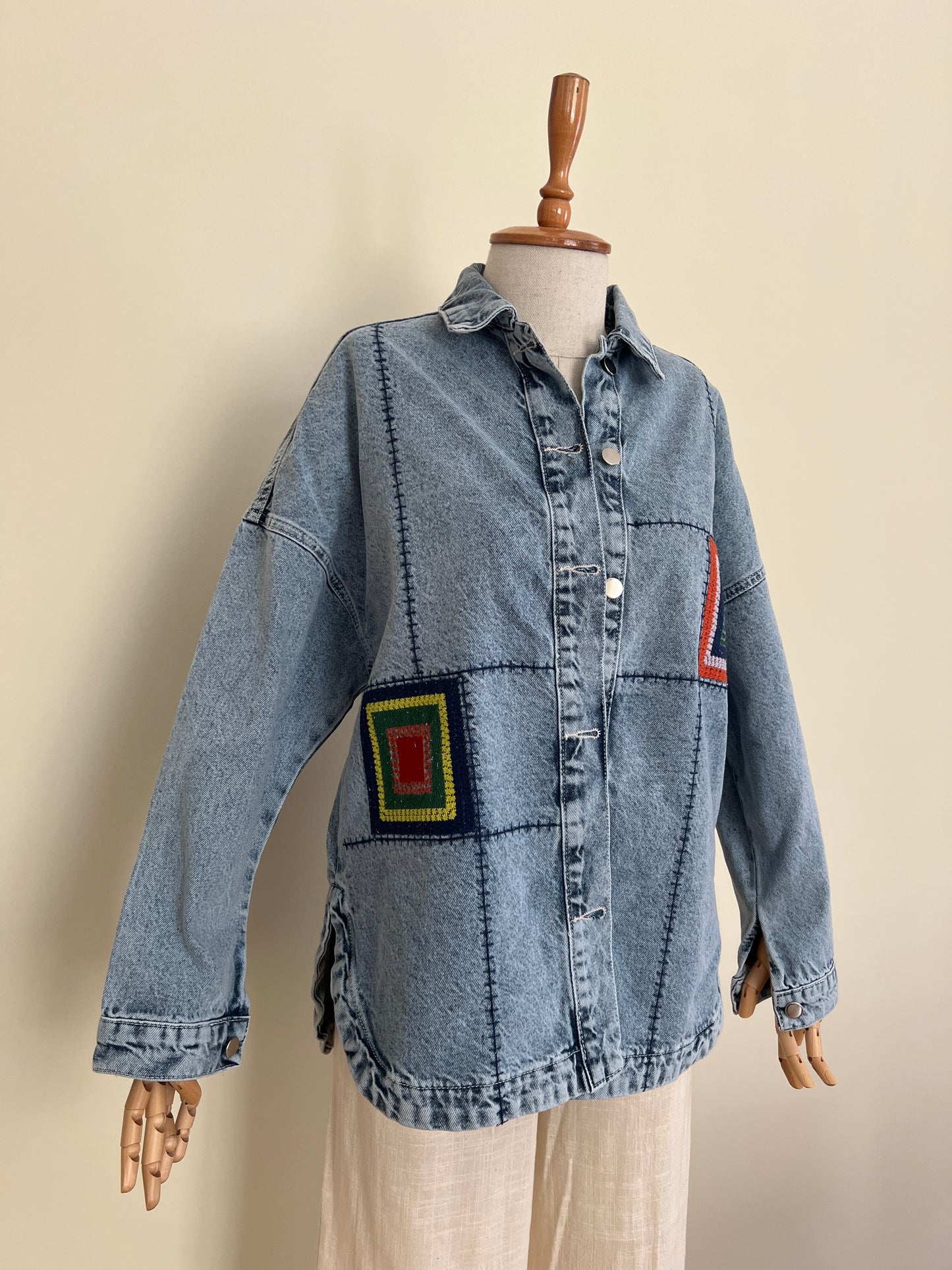 Patchwork Nakış Detaylı Kadın Boho Jean Ceket Mont – Oversize