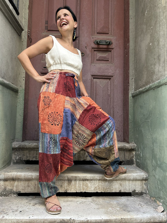 Unisex Nepal Patchwork Turuncu Güneş Kadın Pantolon Şalvar
