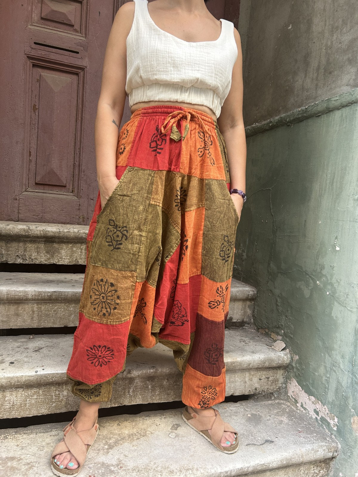 Unisex Nepal Patchwork Kahve Kırmızı Kadın Pantolon Şalvar