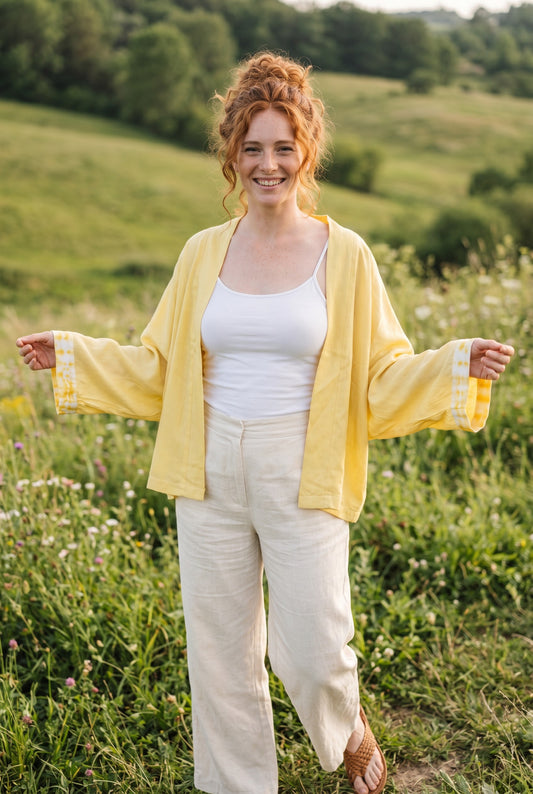 Lemon Glow Bohem Batik Kimono – El Boyama Desenli Salaş Kesim Kadın Kimono