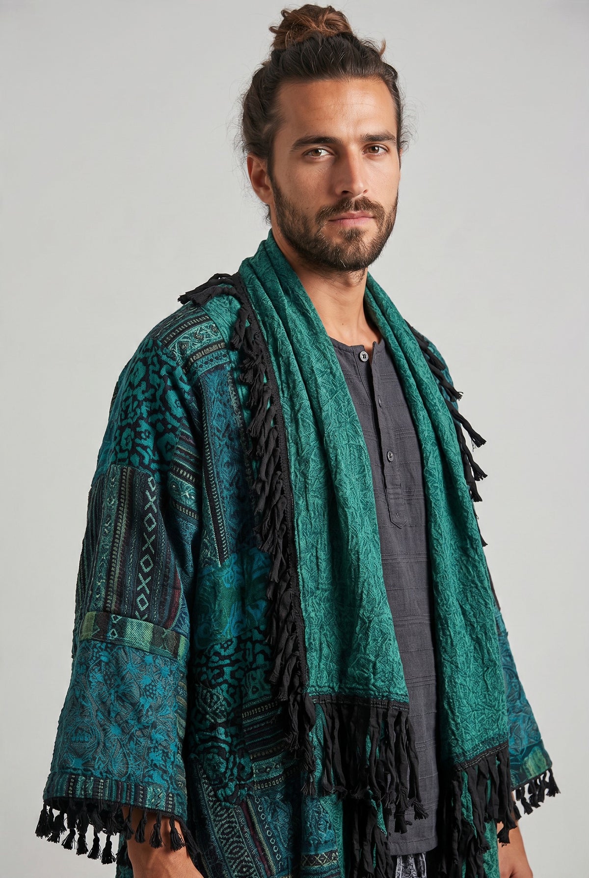 Unisex Nepal Mexican Patchwork Etnik Hırka Panço – Petrol Yeşil