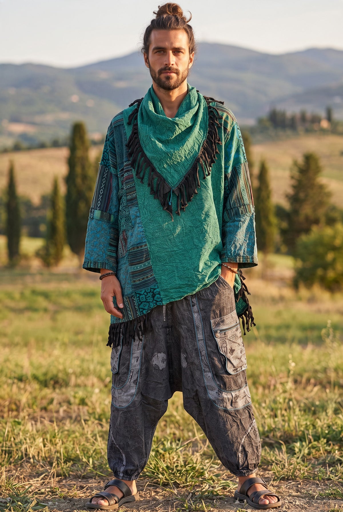 Unisex Nepal Mexican Patchwork Etnik Hırka Panço – Petrol Yeşil