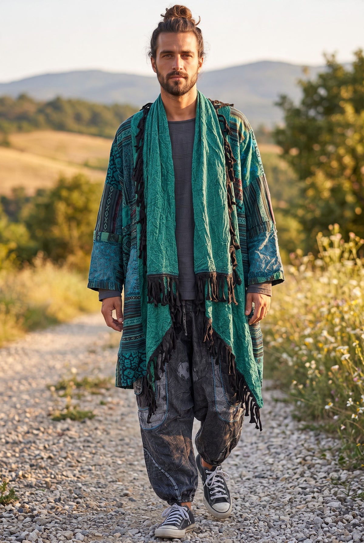 Unisex Nepal Mexican Patchwork Etnik Hırka Panço – Petrol Yeşil