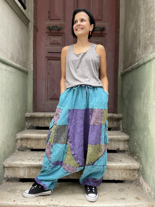 Kadın Nepal Mavi Patchwork Şalvar Pantolon 