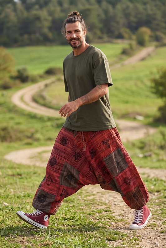 Unisex Rustic Patchwork Kiremit Şalvar Pantolon - Büyük Beden Uyumlu
