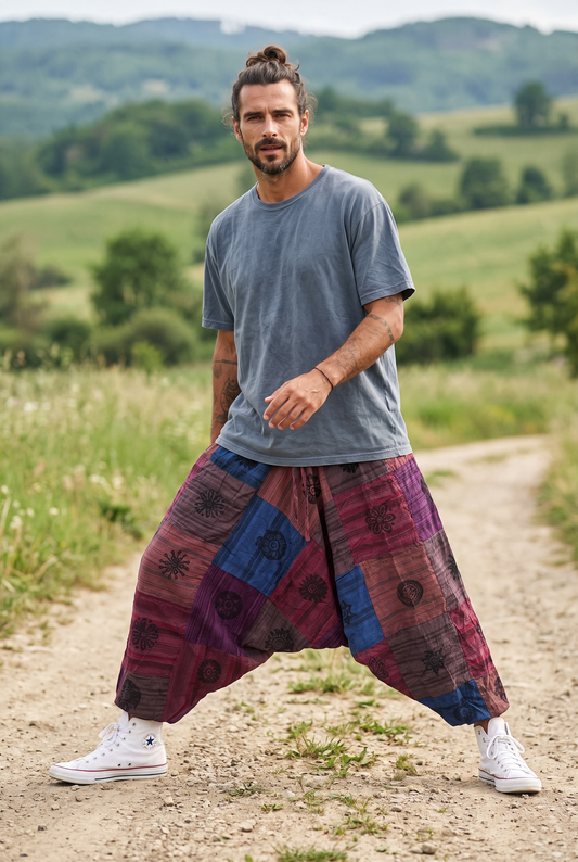 Unisex Nomad Patchwork Mavi  Şalvar Pantolon - Büyük Beden Uyumlu