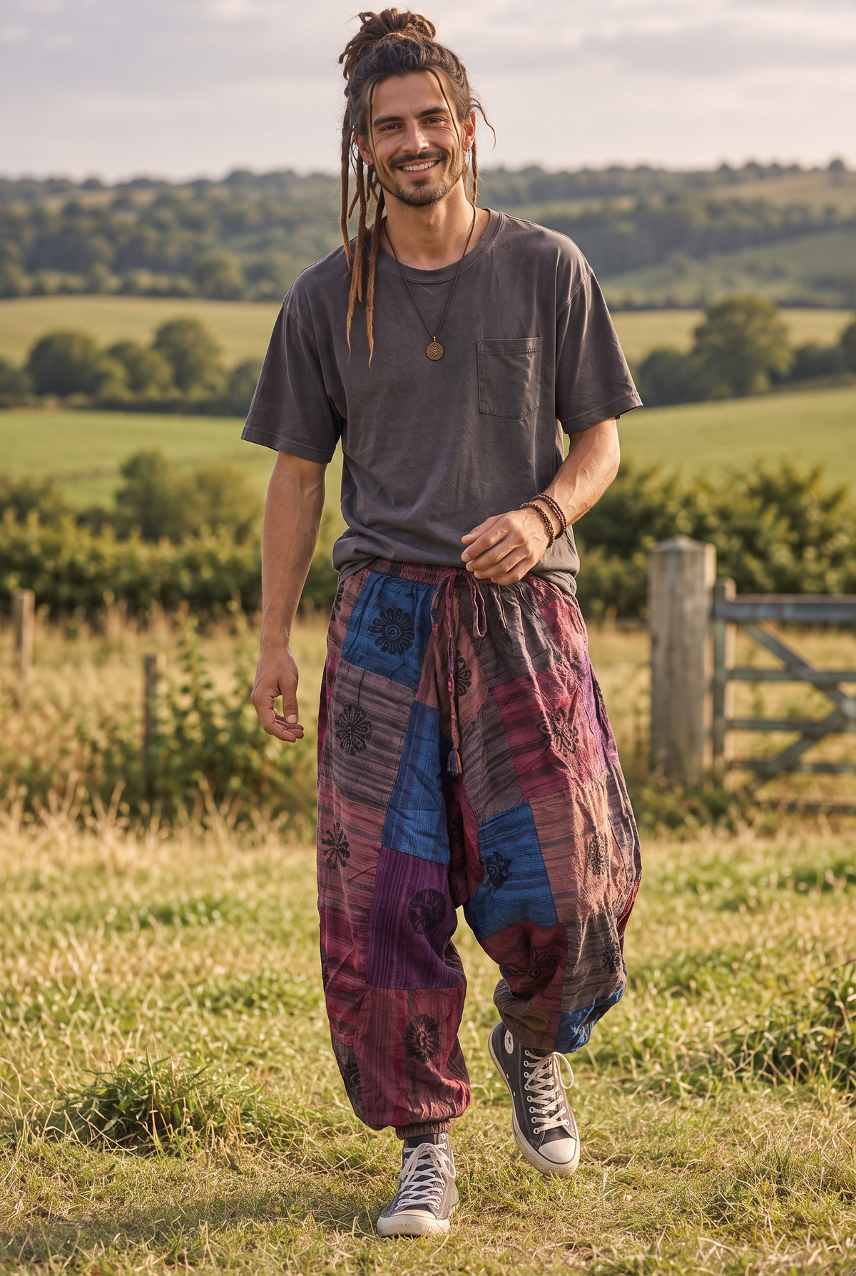 Nomad Patchwork Erkek  Mavi  Şalvar Pantalon - Büyük Beden Uyumlu