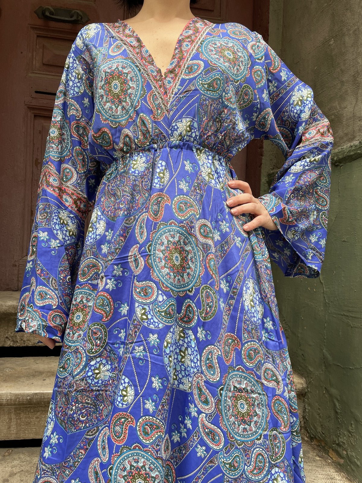 Bohem Nepal Mavi Mandala İpek Elbise